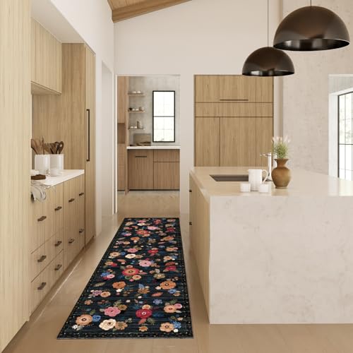 Machine Washable Runner Rug for Kitchen: 2'x6' Hallway Runner Rug Non Slip Low Pile Soft Faux Wool Carpet Runners Floral Floor Rug for Bedroom Entryway Bedroom Bathroom Laundry Room Home Office Indoor - color: Black Floral, size: 2' x 6' (Rectangular)