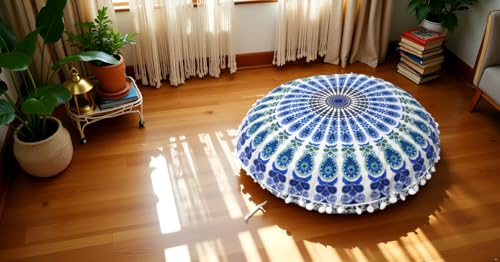 Round Mandala Floor Pillow Cover Seating Cushion Throw Cover Hippie Decorative Bohemian Ottoman Pouf Cover, Pom Pom Pillow Cases,Boho Indian 22 Inches (Sky)