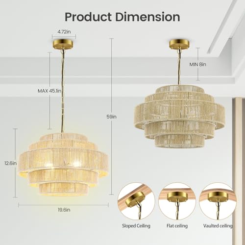 BoostArea 5-Tier Large Rattan Boho Chandelier Light Fixture,20" Hand Woven Pendant Lights Kitchen Island,Large Farmhouse Pendant Light for Kitchen,Dining Room,Hallway, Foyer - color: Gold & Beige
