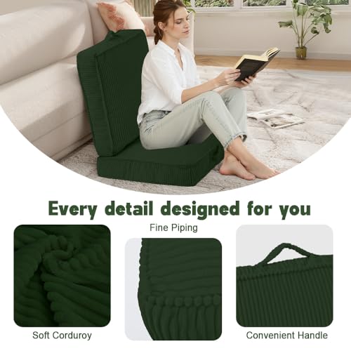 Floor Pillow for Adults Set of 2, 4" Square Floor Cushions with Washable Cover, Large Corduroy Meditation Pillow, 22 inches Tatami Seat with Handle for Living Room or Yoga, Green - color: Green, size: 22x22x4.2 inch
