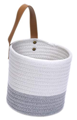 2pack Small Hanging Basket-Cotton Rope Wall Basket with Handle, Hanging Storage Baskets, Shelf Baskets Storage Bin Closet Organizer 6"×6.3", Woven Plant Basket - (White & Grey) - color: White & Grey