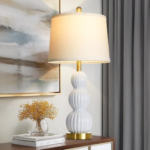 28" White Ceramic Table Lamp for Nightstand, Modern Bedside Table Lamp for Bedroom, Triple Gourd Lamp for Living Room End Table (1 Pack) - color: White - 28"H - 1 Pack