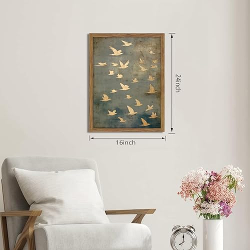 Framed Flock of Birds Canvas Wall Art, Vintage Minimalist Abstract Landscape Painting, Neutral Gold Birds Spiritual Wall Decor, Modern Aesthetic Pictures for Bedroom Living Room 16x24 inch - color: Flying pigeons, size: 24"L x 16"W