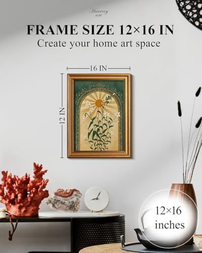 HUARCEY Gold Framed Canvas Wall Art, Sun Botanical Picture Decor, Living Room Bedroom Emerald Green Boho Art, Rustic Vintage Moody Mystical Folk Art Canvas Paintings, 12x16inch - color: Boho art, size: 16"L x 12"W