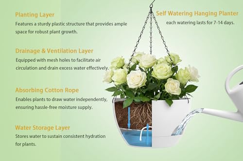 Hanging Planters 3-Pack, 8 Inch Self-Watering Hanging Pots with Drainage Hole and Chains, Plastic Planters for Indoor Outdoor（White） - color: White, size: 8 inches