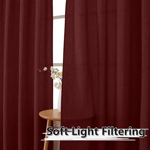 Tollpiz Linen Tier Curtains Rod Pocket Semi Sheer Short Kitchen Curtain Half Burlap Light Filtering Thick Linen Drape for Bathroom, 30 x 30 inches Long, Burgundy Red, Set of 2 Panels - color: Burgundy Red, size: 30"W x 30"L (Pack of 2)