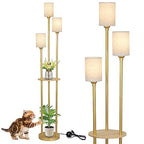 Floor Lamps for Living Room, 3-Lights Modern Floor Lamp with Shelves, Gold Standing Lamp with Fabric Shade and Foot Switch, Shelf Standing Lamps with Table, Tall Table Lamps for Bedroom Office - style: Gold-Fabric Shade