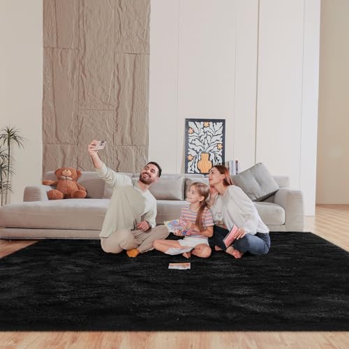 Black 8x10 Area Rugs for Living Room Bedroom, Fluffy Large Rug Soft Shag Non-Slip Carpet for Kids Boys and Girls Room Dorm Home Decor (8ft x 10ft) - color: Black, size: 8' x 10' (Rectangular)