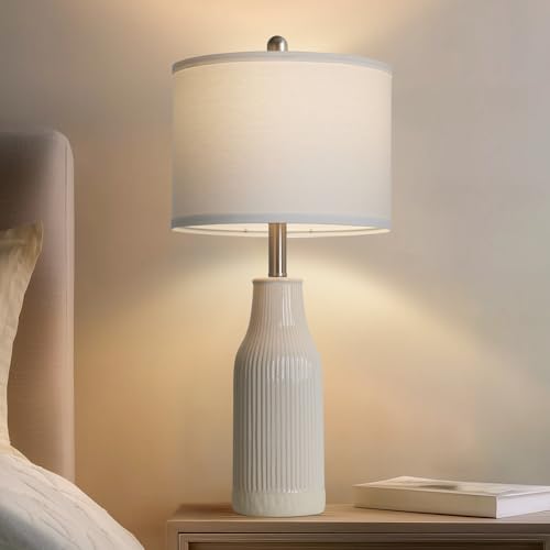 24.5" Modern Ceramic Table Lamp for Nightstand, Farmhouse Bedside Lamp for Bedroom, Small Table Lamp for Living Room End Table, Beige (1 Pack) - color: Beige - 24.5"H - 1 Pack