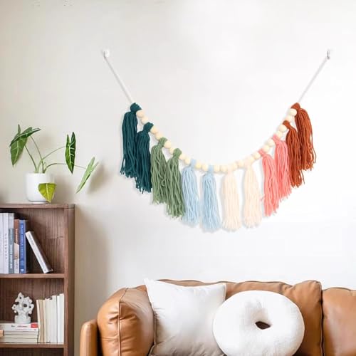 1PCS Boho Colorful Tassel Garland Vintage Wooden Bead Garland Rainbow Color Tassel Banner Festival Wall Decoration for Birthday Party Wedding Christmas Housewarming Decor