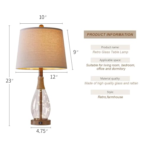 OYEARS Bedside Table Lamps Set of 2 with USB, Modern Bedside Lamps Retro Farmhouse Rattan Glass Nightstand Nightlight Lamps for Bedroom Living Room Dorm,Two Light Points - color: Wood-Like