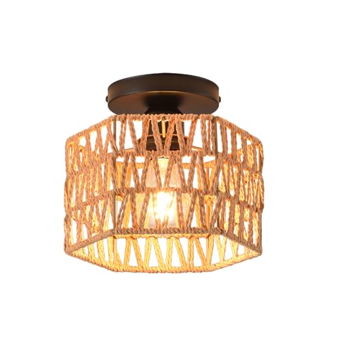 Hand-Woven Rattan Flush Mount Ceiling Light,Farmhouse Light Fixtures Ceiling Mount Boho for Hallway Bedroom Kitchen Entryway Living Room - color: Hexagon 1 Pack