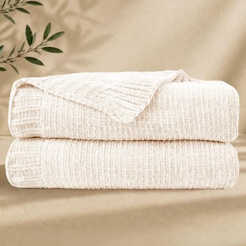 Chenille Throw Blanket for Couch, Cozy Soft Blanket Lightweight Decorative Throw for Living Room Sofa Chair, Stylish Home Decor, Ideal for Gifting, Ivory 50"x60" - color: Ivory, size: Throw