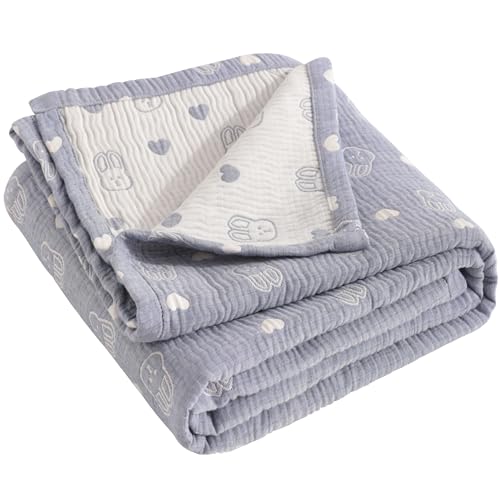 NTBAY 3 Layer Muslin Cotton Toddler Blanket, Jacquard Reversible Nursery Bed Blanket, Super Soft and Thermal for All Seasons, Decoration Gift, 30"x40", Blue Rabbit - color: Blue Rabbit, size: 30x40 Inch (Pack of 1)