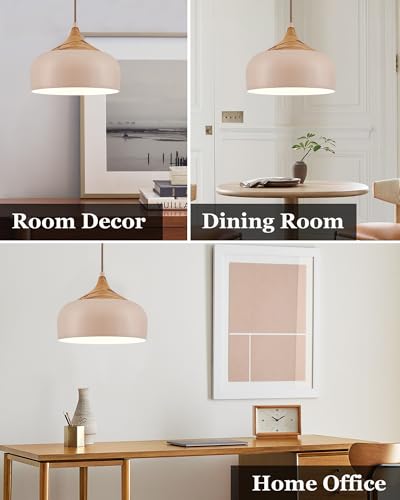 ELYONA 12 Inch Modern Japandi Pendant Light for Kitchen Island Farmhouse Hanging Lamp with Faux Pine Wood Grain Metal Shade, Adjustable Wabi Sabi Ceiling Fixture for Dining Room Bedroom,Light Brown - color: Light Brown