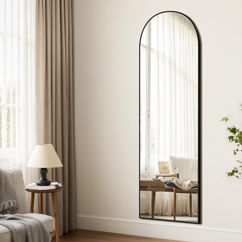 TRAHOME Arched Full Length Mirror, 56"x15" Standing Body Mirror for Wall, with Aluminum Alloy Frame for Bedroom, Living Room, Dressing Room(Black) - color: Matte Black, size: 56"L x 15"W