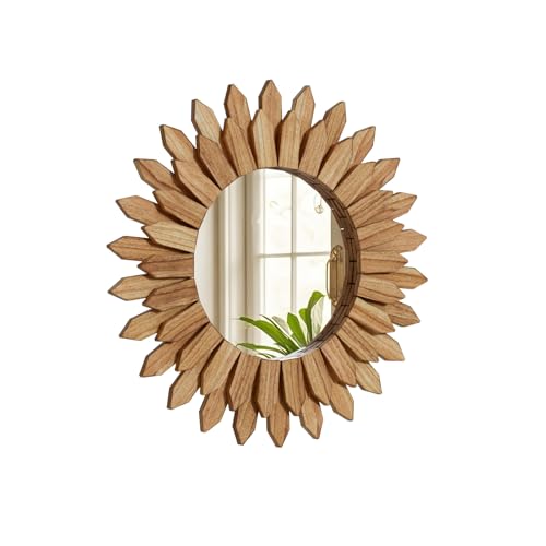 Boho Wood Sunburst Round Wall Mirror, 20 Inch Rustic Circle Wooden Frame Decorative Mirror for Farmhouse Coastal Home, Home Wall Decor for Living Room Entryway Bedroom, Light Wood - color: Brown, size: 20"L x 20"W