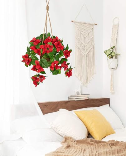 Briful Fake Hanging Basket Flowers, 27.5in Faux Red Bougainvillea Flowers in Woven Rattan Planter with Cascading Vines for Home Garden Balcony Outdoor Porch Decor - color: Red