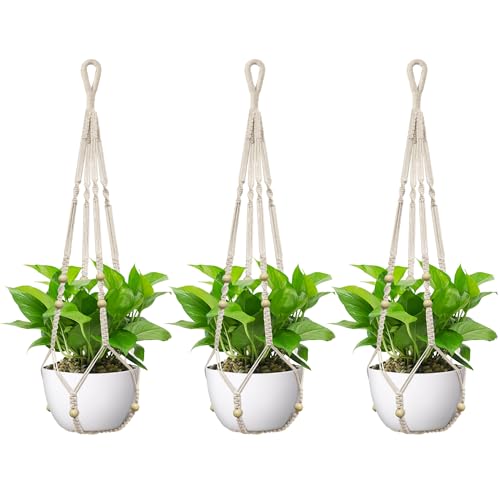 USLAI Macrame Plant Hanger Indoor Outdoor, Fits 4 to 15 Inch Pots, Strong Hanging Planter Holder, Boho Home Decor, 35 Inch, Ivory, Set of 3 (POTS NOT Included) - color: Ivory, size: 35+35+35 Inch