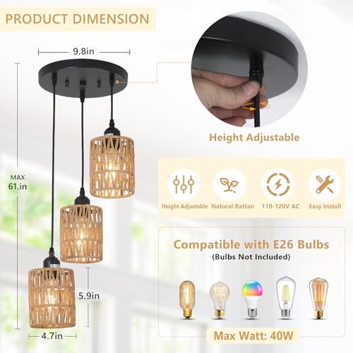 LAMSU 3 Lights Rattan Pendant Light, Farmhouse Dining Room Light Fixtures Ceiling Hanging, Boho Pendant Lighting with Hand Woven Wicker Shades for Kitchen Island Living Room Bedroom Foyer Hallway - size: 3 Lights