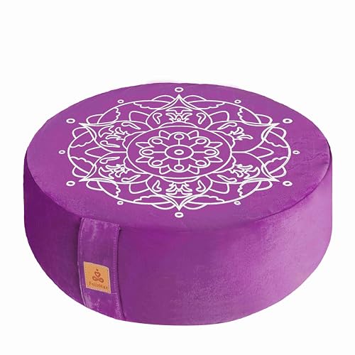 Embroidered Meditation Pillow D=16" H=5.5" Round Velvet Meditation Cushion Yoga Bolster Floor Pouf Zafu Natural Buckwheat hulls Sitting on Floor Removable Organic Cotton Cover Large Kneeling Pillow - color: Purple