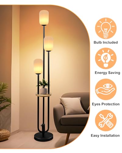 Floor Lamp for Living Room, Dimmable Vintage Floor Lamp with Shelf & LED Bulbs, 3 Light 3000K Soft Warmwhite Mid Century Standing Lamp, Tall Lamps with 5Lbs Heavy Base for Bedroom Home Decor - color: Oval-Black