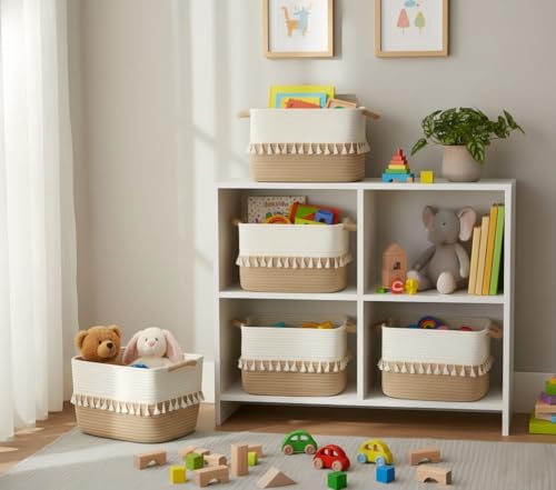 TeoKJ Woven Storage Bin Set of 3, Cotton Rope Basket for Storage, Clothes Boho Basket Bin for Organizing, Fabric Basket for Books, Plants, Pet Treats, White & Jute - color: White & Jute, size: 3 Pack