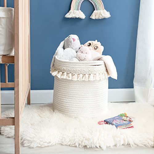 Mkono Macrame Decorative Cotton Rope Basket Boho Nursery Decor Cute Woven Tassel Closet Storage Bins Organizer for Baby Toys,Diaper, Blankets,Magazine,Potted Plants Cover,Living Room,Bedroom, 15"x14" - size: 15"x14"