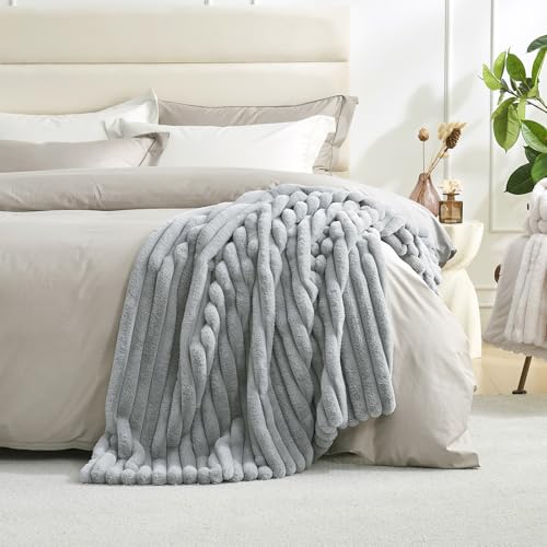 Amélie Home Faux Fur Throw Blanket for Couch, Cozy Fuzzy Fluffy Fur Luxurious Soft Striped Plush Gift Blankets for Family Sofa Chair Bedroom, 55"x70", Light Grey - color: Striped Light Gray, size: Throw(55"x70")