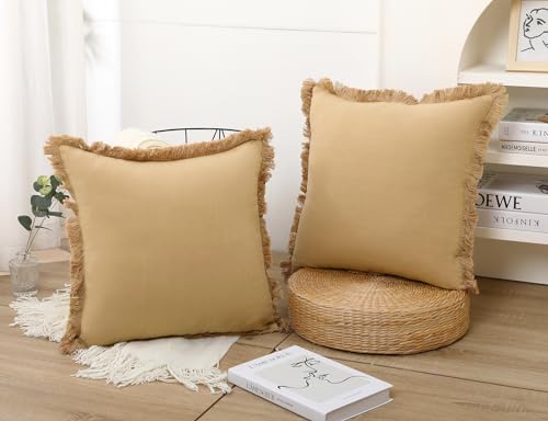 NUYECY Set of 2 Natural Linen Fringed Throw Pillow Covers,Khaki Neutral Decorative Pillowcase with Chic Tassel Burlap Boho Large Cushion Covers for Couch Sofa Farmhouse,28x28 inches - color: Khaki, size: 28" x 28" (Pack of 2)