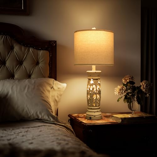 BOBOMOMO 27.25” Farmhouse Table Lamps Set of 2 – Antique White Bedside Lamps with Night Light & USB A+C Ports, Vintage Lamps for Bedroom, Living Room, Entryway, Console Table (Bulbs Included) - color: Antique White