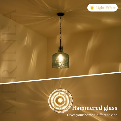 Farmhouse Pendant Light – Hand-Blown Blue Hammered Glass Shade, Black Finish, E26 Socket, Adjustable Chain Hanging Light Fixture for Kitchen Island, Dining Room & Hallway, 15" H x 12" D - color: Chain Blue