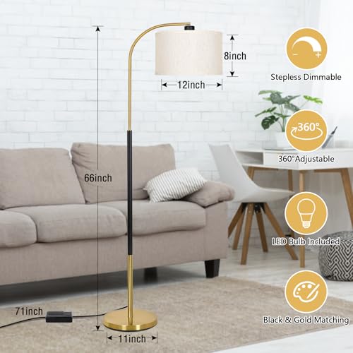 Dimmable Floor Lamp for Living Room, Arc Floor Lamps with Adjustable Drum Shade Pedal Switch, Black and Gold Tall Standing Lamp with 9W LED Bulb, Modern Reading Light Pole Lamp for Bedroom, Office - color: Black and Gold