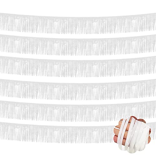 6 Pack 10 Feet White Foil Fringe Garland Metallic Tinsel Streamers Banner Wall Hanging Curtain Backdrop Banner for Parade Floats, Thanksgiving, Christmas, Birthday, Halloween Party Decorations - color: White