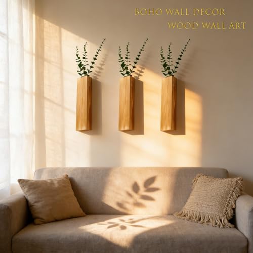 Wood Wall Vase Planters with Artificial Plants,Boho Wall Decor for Bathroom Living Room Bedroom Kitchen,Modern Farmhouse Art Decor Hanging Planters for Dried Flowers Home Office 3pcs Brown