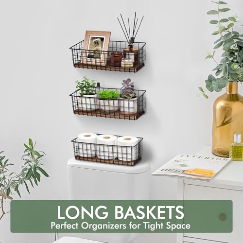 Wall Hanging Baskets 3 Pack, Diversified Wire Basket Shelves of Wooden Style, with Wall Mounted Hooks & Traceless Stickers, for Kitchen Coffee Bar Office Room Garage Storage Organization (Extra Large) - size: Extra Large