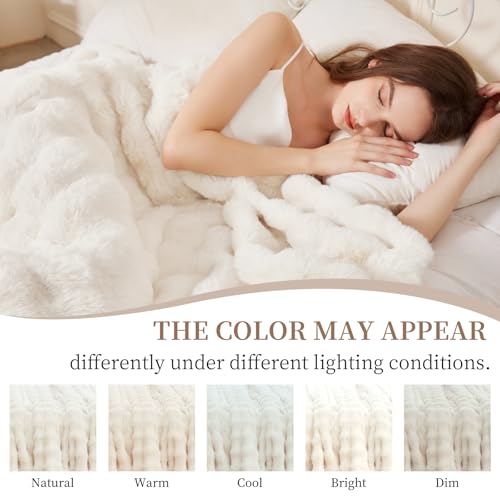 Faux Rabbit Fur Throw Blanket for Couch, Fluffy Warm Plush Thick Bubble Blanket for Bed Sofa Living Room, Soft Cozy Furry Blanket Home Decor, 50x60 inches, Cream White - color: Cream White, size: Throw50"x60"