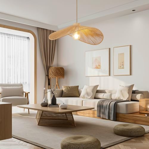 Boho Rattan Pendant Light Fixture Modern Style Hanging Light Bohia Natural Bamboo Handmade1-Light Hanging Lamp for Farmhouse Bedroom Living Room Dining Room - size: 19.7"-1pcs