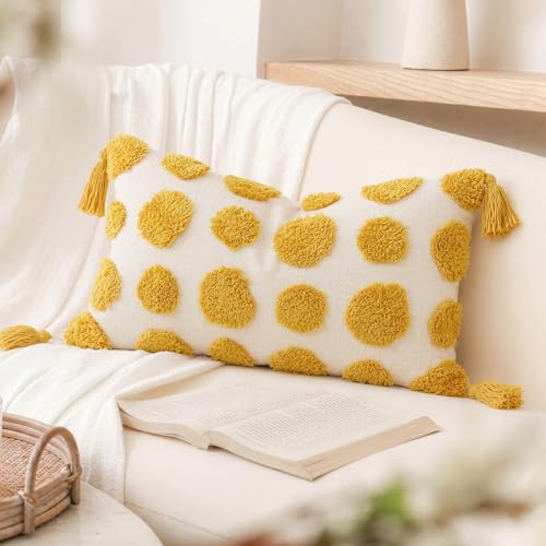 PANOD Super Soft Farmhouse Decorative Plush Throw Pillow Covers 12 x 20 Yellow,Solid Pom pom Tufted with Tassels Modern Accent Boho Lumbar Cushion Cover Pillow Case for Couch Sofa - color: Yellow, size: 20" x 12" (Pack of 1)