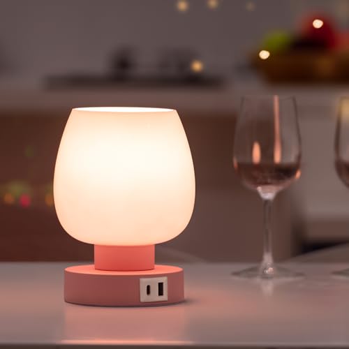 Touch Bedside Table Lamp - Pink Small Lamp for Bedroom with USB C+A Charging Ports 3 Way Dimmable, Nightstand Desk lamp with Glass Lamp Shade Warm LED Bulb Included, Simple Design Christmas - color: USB-pink_1pack, size: USB