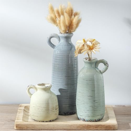 Ceramic Vase Set of 3 | Neutral Vase Home Decor with Handle | Pottery Modern Farmhouse Vases Pampas Grass Flower Vases for Home Decor Table Living Room Centerpieces Mantel Decor - Multicolor - color: 010 Vase Set With Handle - Multicolor