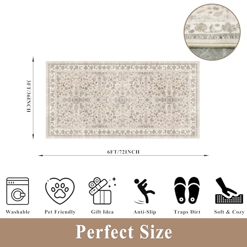 3x6 Kitchen Runner Rug Non Slip Washable - Soft Low Pile Stain-Resistant Wide Carpet Runner for Hallway Entryway Bedroom Bathroom with Rubber Backing - Boho Floral Door Mat(Beige,3x6) - color: Beige, size: 3' x 6' (Rectangular)