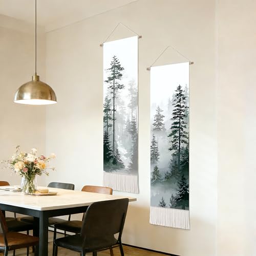 seewan 2 Pack Long Vertical Wall Tapestry, Boho Nature Landscape & Floral Aesthetic Wall Hanging for Bedroom Living Room Home Decor, Long Narrow Art Tapestry with Sunrise Mountain Botanical Designs, 13" × 51" (Foggy Pine Silhouette, 13"Wx51"H, Unframed) -