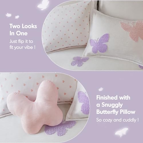 Intelligent Design Kids Rio Twin Comforter Set – Girls’ Reversible Tufted Chenille Bedding with Pastel Purple Butterflies and Pink Dot, 3pcs - color: Multicolor, size: Twin Comforter
