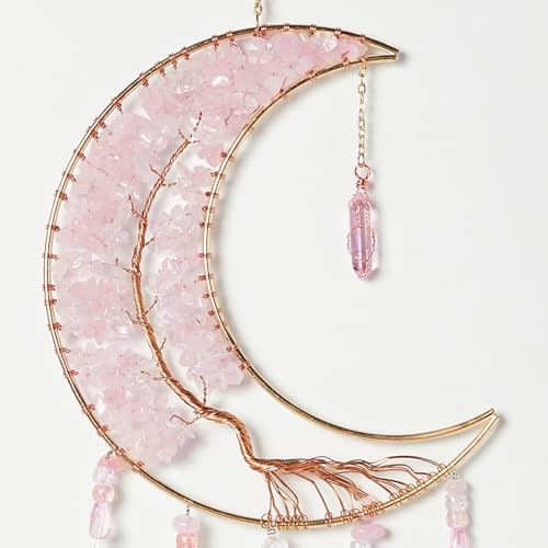 Fairy Pink Quartz Gemstone Dream Catcher 7 Chakras Tree of Life Moon Dream Catcher with Healing Crystal Stones Handmade Dreamcatcher Wall Decor for Adults Boys Girls,Bedroom,Wedding,Garden,Bless Gift - color: Fairy Pink Crystal