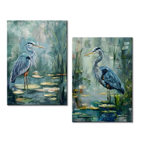 2 Panel Bird Wall Art Blue Heron Pictures Framed Bird Prints Artwork Heron in the Pond Natural Print Painting for Living Room Bedroom Office Wall Decor - color: Green, size: 16"L x 12"W