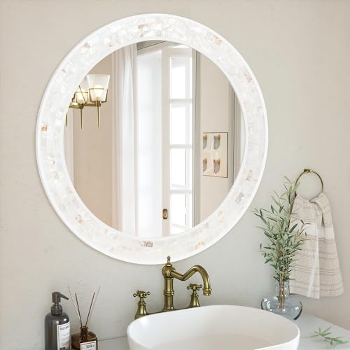 Tanmicoshomy Round Wall Mirror 24 Inch,Circle Mosaic Mirror with Natural Mother of Pearl and Wood Frame, Decorative Coastal Round Wall Mirror for Bathroom Bedroom Living Room Entryway - color: White, size: 24"L x 24"W