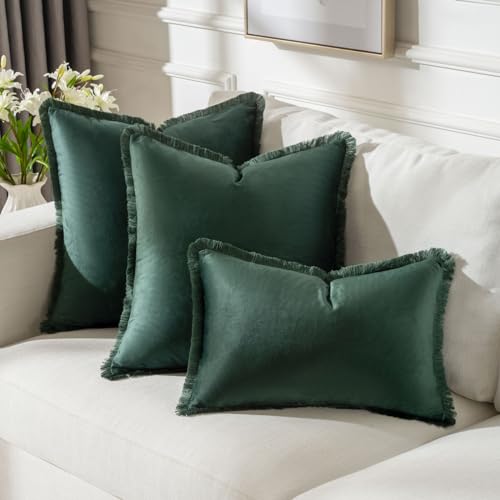 FUTEI Army Green Velvet Decorative Throw Pillow Covers 22x22 Set of 2,Soft Cozy Edge with Tassels Cushion Case,Boho Modern Home Decor for Couch Bed Living Room - color: Army Green, size: 22" x 22" (Pack of 2)