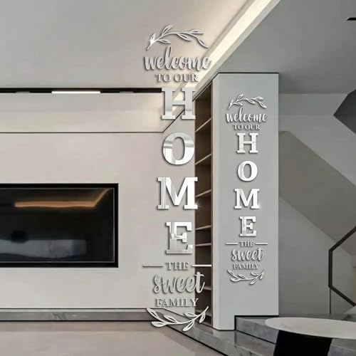 Wall Mirror, Silver 100x20cm Family Decor Removable 3D Acrylic Decorative Mirror Decals Self-Adhesive Reflective Stickers for Living Room Wall Art Entryway Background Home Decor Family Signs