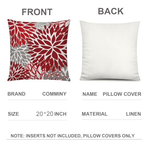 COMMINY Red Grey Pillow Covers 20x20 Set of 6, Daisy Flower Throw Pillow Cover Case Rustic Square Cushion Cover for Sofa Bedroom Living Room Farmhouse Home Decor - color: Red Grey Daisy, size: 20" x 20" (Pack of 6)